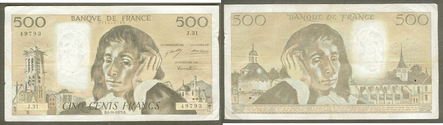 500 Francs PASCAL FRANCE 4.10.1973 J31 TB+